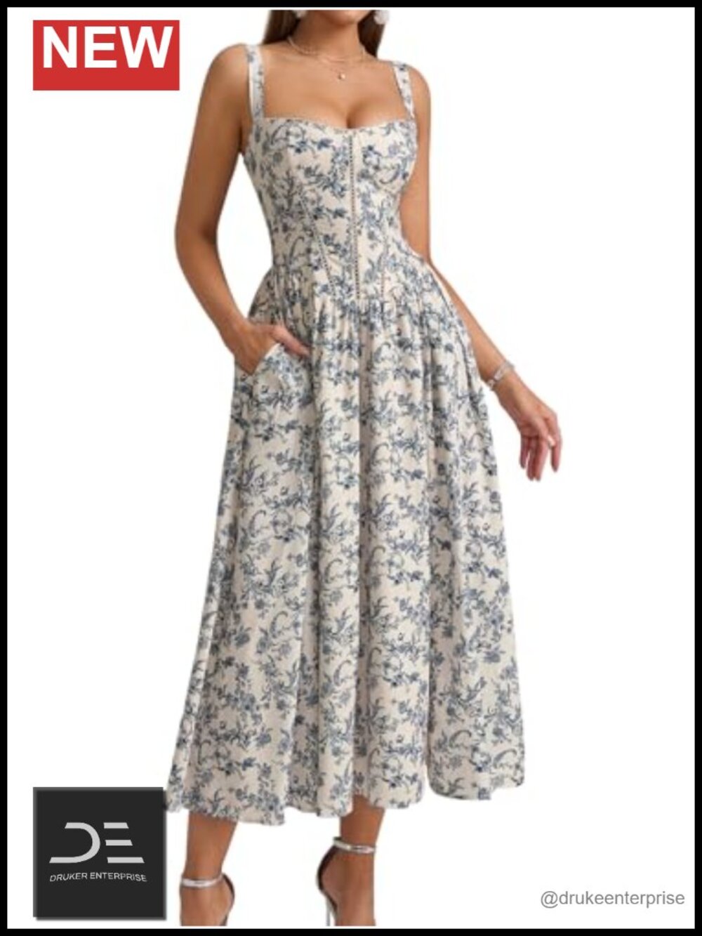 KUTUMAI Floral Corset Midi Dress Square Neck A-Line
